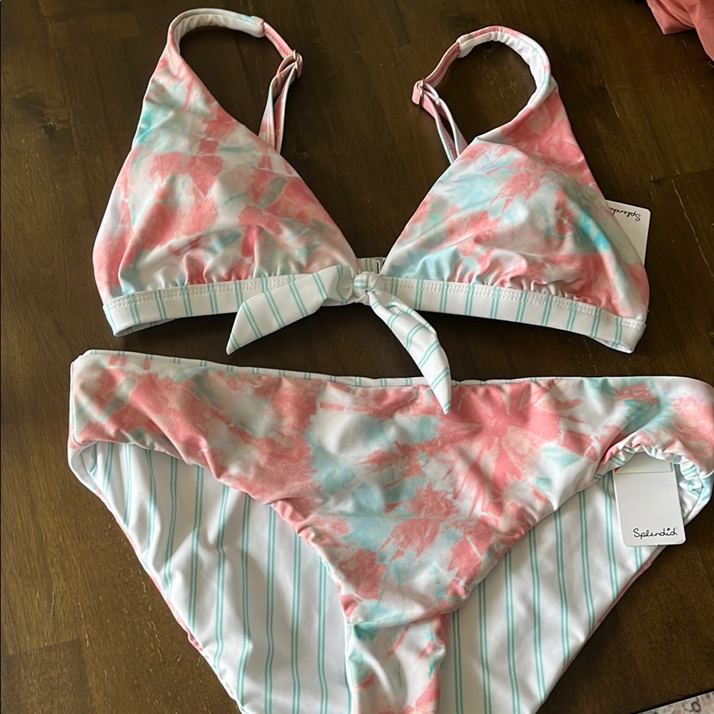 Splendid Pink and Blue Tie-Dye Bikini Set large new